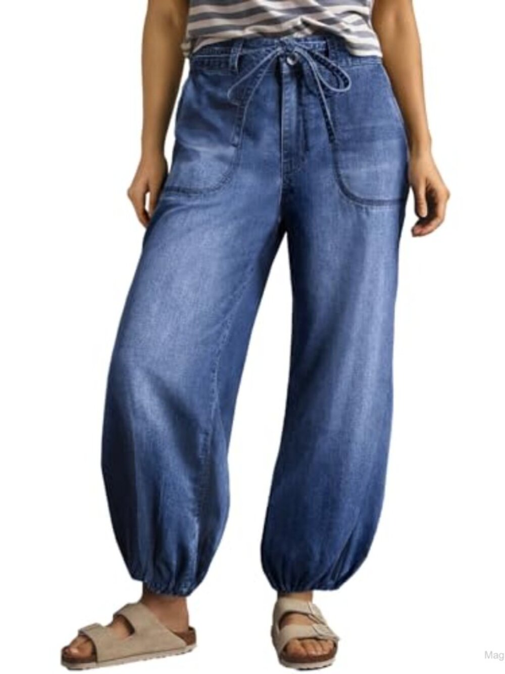 Women's High Waisted Wide Leg Drawstring Ankle Denim Jeans Stretchy Baggy Harem